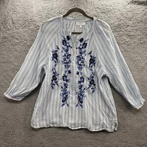 Charter Club Women's Large 100% Linen Floral Embroidered Casual Blouse